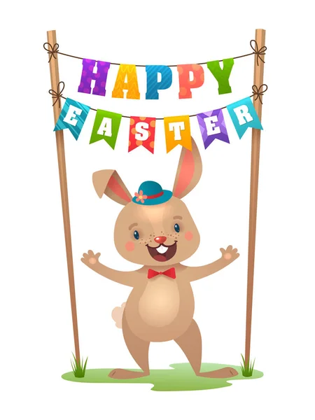 Glad påsk Gratulations kort med Bunny och Letter Garland. Söt påsk haren med färgglada ägg. Vektor illustration — Stock vektor