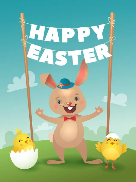 Buona Pasqua biglietto di auguri con coniglietto e lettera ghirlanda. Carino coniglietto di Pasqua con uovo colorato. Illustrazione vettoriale — Vettoriale Stock