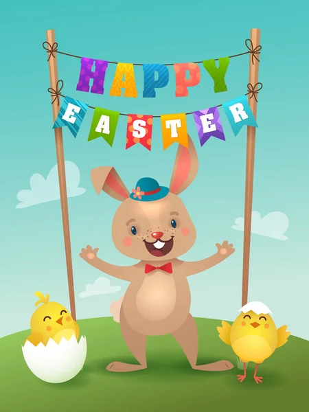 Happy Easter wenskaart met Bunny en brief Garland. Schattig paashaas met kleurrijke ei. Vector illustratie — Stockvector