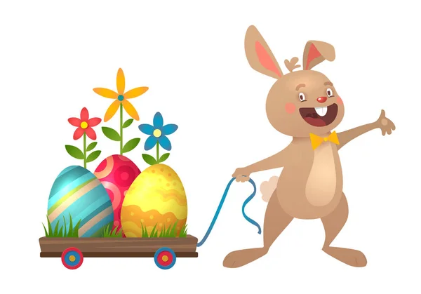 Поздравительная открытка на Пасху с яйцами, корзиной и кроликом. Милый пасхальный кролик с красочными яйцами. Векторная иллюстрация — стоковый вектор