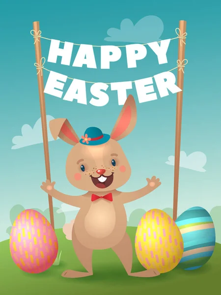 Tarjeta de felicitación feliz Pascua con conejito y guirnalda de la letra. Lindo conejito de Pascua con huevo colorido. Ilustración vectorial — Archivo Imágenes Vectoriales