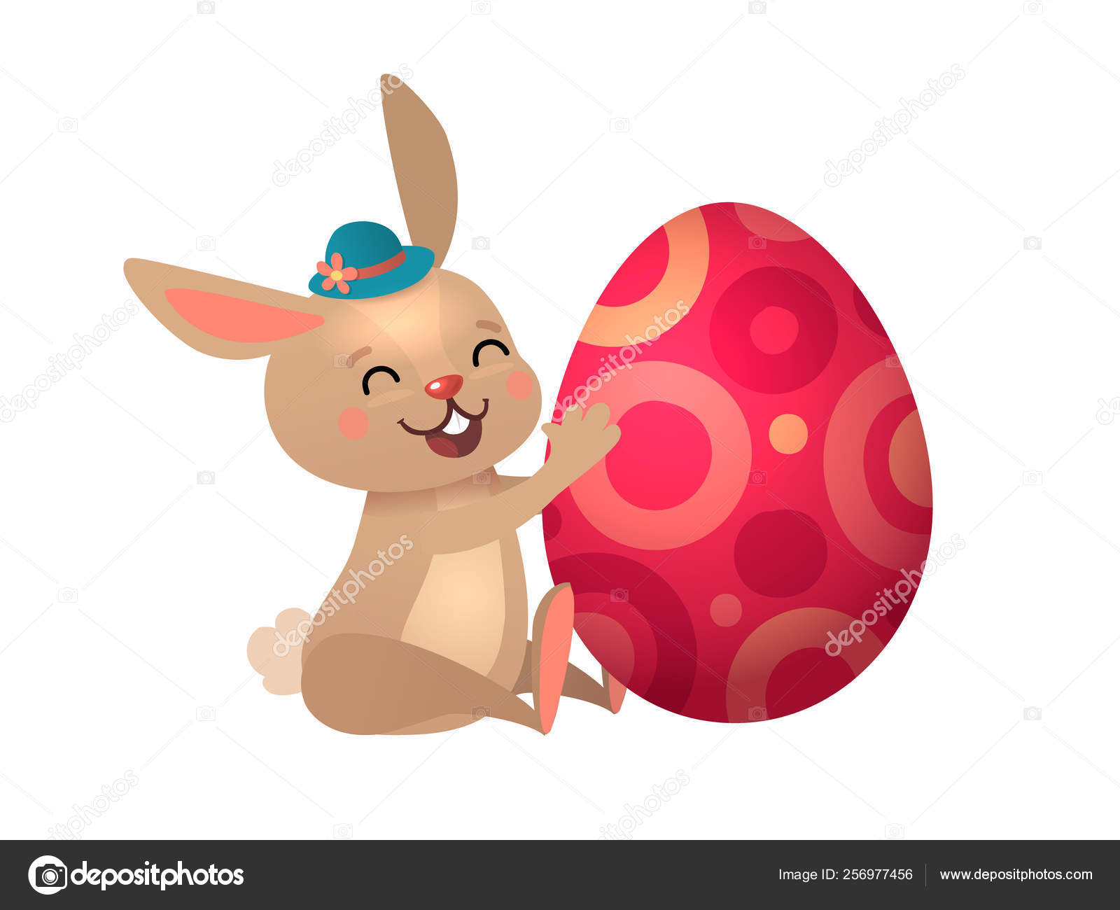 卵とバニーとハッピーイースターグリーティングカード。カラフルな卵と面白いブラウンかわいいイースターバニー。ベクトルイラスト ストックベクター  ©Lara_Cold_2013 256977456, image size:1600x1300