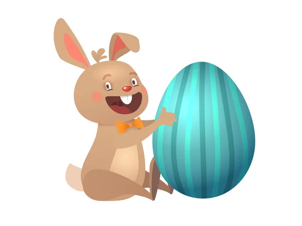 Поздравительная открытка на Пасху с Яйцом и Банни. Смешной коричневый милый пасхальный кролик с разноцветным яйцом. Векторная иллюстрация — стоковый вектор