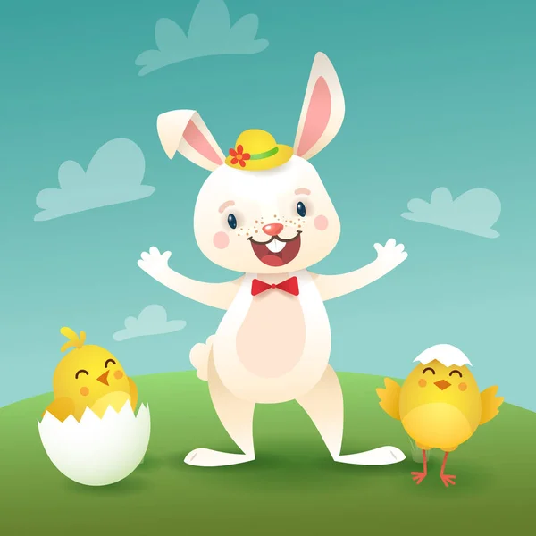 Поздравление с Пасхой с Банни и Цыпочками. Белый милый пасхальный кролик с яйцом. Векторная иллюстрация — стоковый вектор