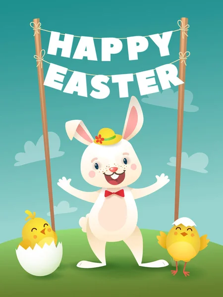快乐复活节贺卡与兔子和字母加兰。白色可爱的复活节兔子与五颜六色的鸡蛋。矢量插图 — 图库矢量图片