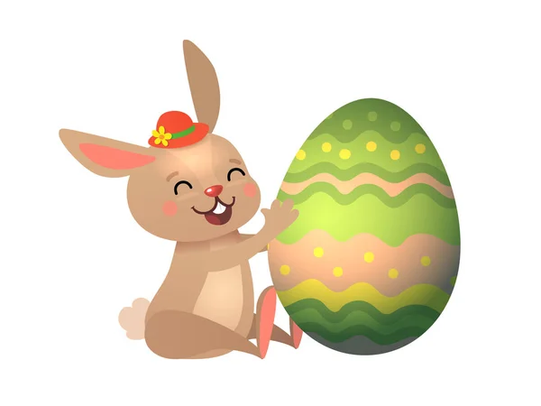 Happy Easter wenskaart met ei en Bunny. Grappige bruin schattig paashaas met kleurrijke ei. Vector illustratie — Stockvector