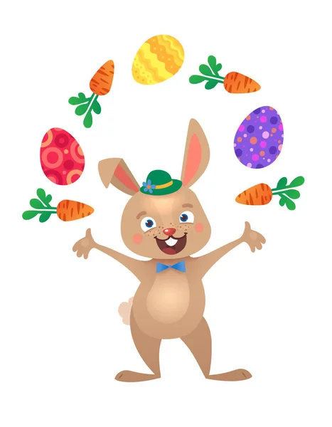 Поздравительная открытка на Пасху с Банни и Летающими Яйцами. Милый пасхальный кролик с красочными яйцами и морковью. Векторная иллюстрация . — стоковый вектор