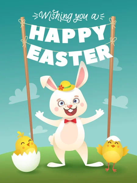 Happy Easter wenskaart met Bunny en brief Garland. Schattig paashaas met kleurrijke ei. Vector illustratie — Stockvector