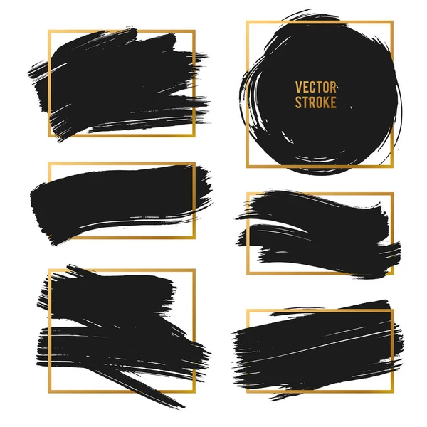 Vector Strokes. Abstract Backhground Set. Black and gold ink paints — Stock Vector