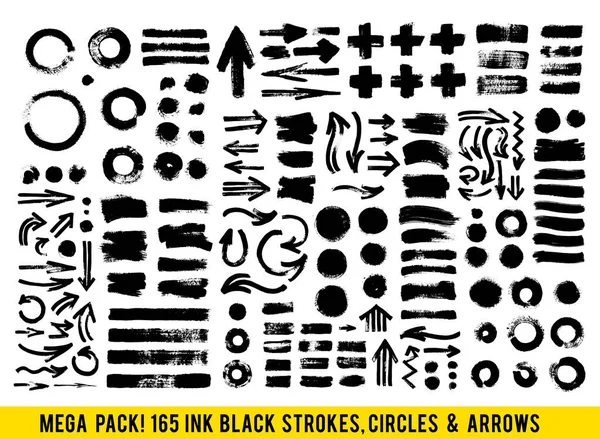 Vector Strokes. Conjunto de Backhground abstracto. Pinturas, puntos y flechas de tinta negra aisladas sobre fondo blanco — Vector de stock