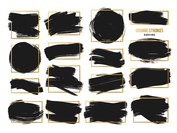 Vector Strokes. Abstract Backhground Set. Black and gold ink paints — Stock Vector