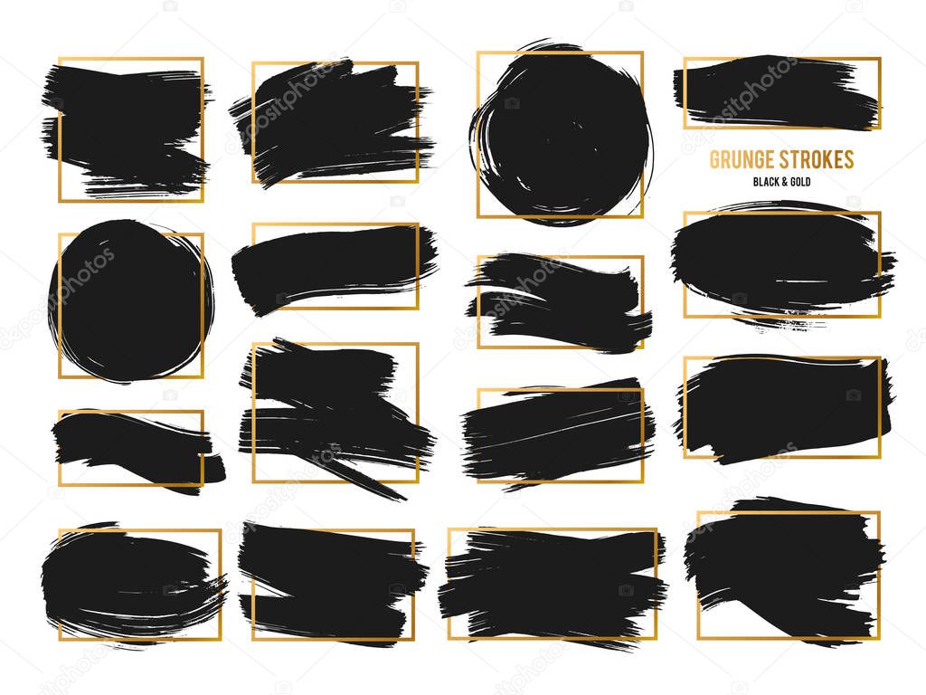 Vector Strokes. Abstract Backhground Set. Black and gold ink paints