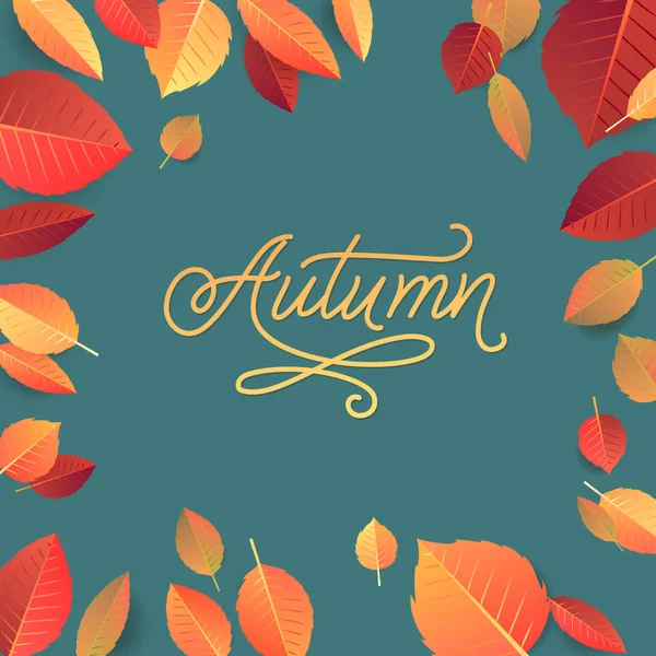 Autumn Lettering. Hand Written Typography on Blue Background. Vector Leaves Illustration for Your Design. — Stock Vector