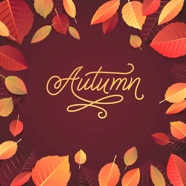 Autumn Lettering. Hand Written Typography on Brown Background. Vector Leaves Illustration for Your Design. — Stock Vector