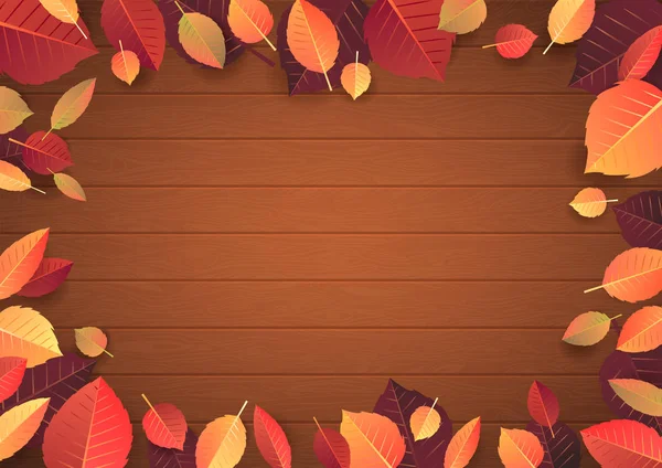 秋の木製の背景。ベクトルは、あなたのデザインのためのイラストを残します — ストックベクタ