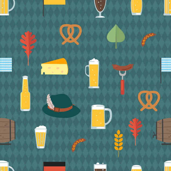 Oktoberfest vector seamless pattern alcohol party background design. October fest beer festival holiday repeating print. Greeting traditional bavarian german decoration