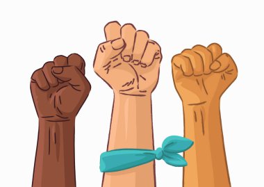 Feminizm Hareketinin El Sembolü. Kadın Eller 'in yumruğu havada. Beyaz Arkaplanda Kız Gücü İşareti. Stock Vektör İllüstrasyonu.
