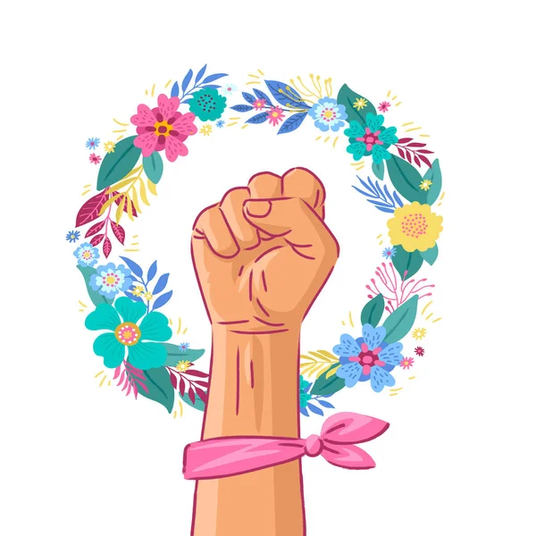 Floral Symbol Feminism Movement White Woman Hand Her Fist Raised — Stock Vector