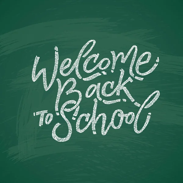 Welcome Back School Text Drawing White Chalk Blackboard School Items — Stock Vector