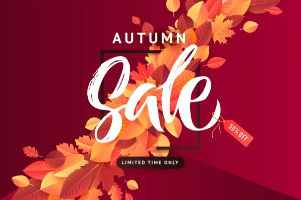 Autumn Fall Season Sale Banner Inglês Folhas Outono Coloridas Texto — Vetor de Stock