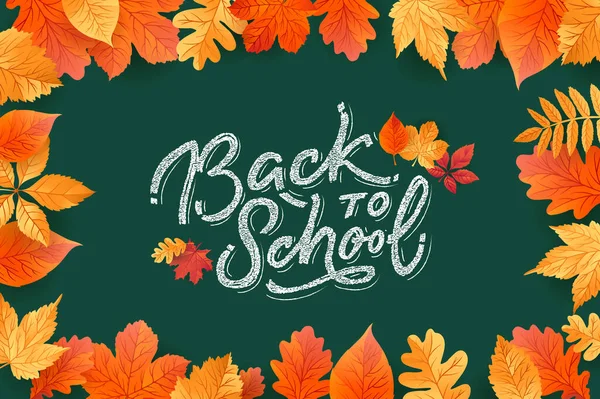 Back School Text Drawing White Chalk Green Chalkboard Autumn Leaves — Stock Vector