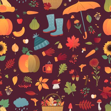Mutlu Sonbahar Kusursuz Şablonu. Çizgi film sarı bitkiler, yiyecek, sıcak çoraplar, mantarlar ve yapraklar. Kart, poster ve baskı için hasat festivali ve Şükran Günü şablonu.