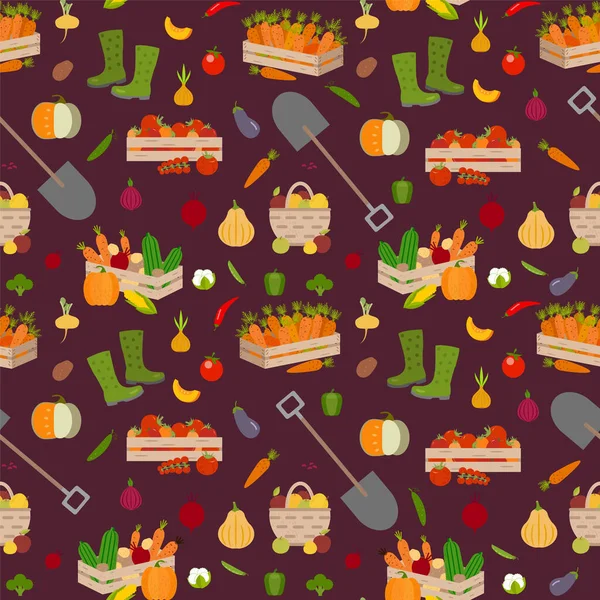 Vector Vegetables Seamless Pattern Cartoon Style Harvest Time Collection Farm — Stock Vector