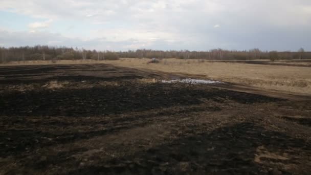 Luchtfoto van het boerenland met een trekker ploegen van de bodem — Stockvideo