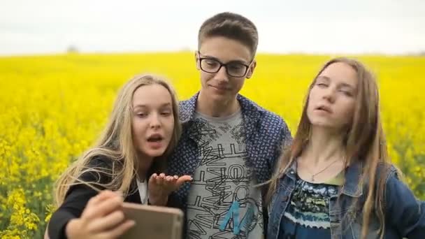 Adolescentes amigos posando y tomando selfies — Vídeo de stock