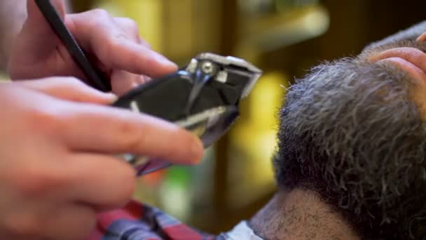 Uomo barbuto ottenere taglio di capelli barba e rasato — Video Stock