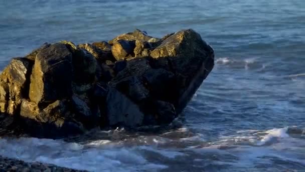 Tidal droeg op steenachtige pebble kust — Stockvideo