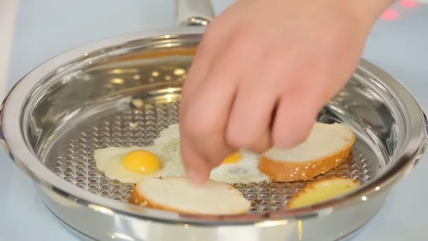 Wachteleier und Weißbrotscheiben in der Pfanne braten — Stockvideo