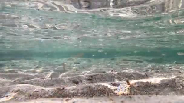 Pantai laut dangkal berpasir bawah riak dengan sinar matahari — Stok Video