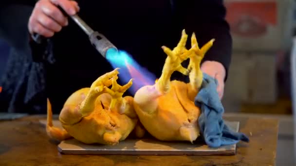 Yakılan ve tüyler temizlenmiş yolunmuş tavuk — Stok video