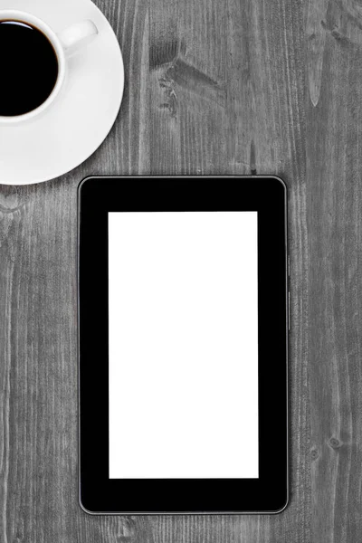 Zbliżenie Cyfrowe Tablet Filiżanki Kawy Biurku — Zdjęcie stockowe