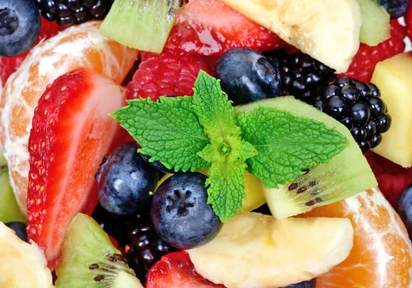 Close Top View Fruit Salad Strawberries Oranges Kiwi Blueberries Bananas — Stock Photo, Image