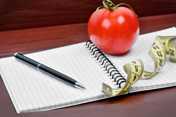 Notebook Pen Centimeter Cherry Tomato Wood Background Diet Concept — Stock Photo, Image