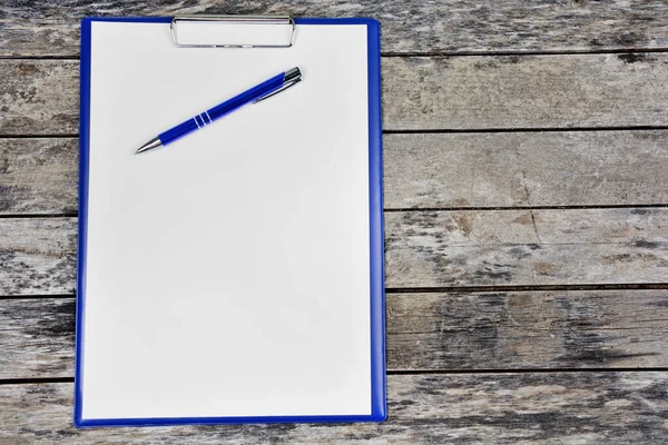 Empty Clipboard Pen Rustic Wooden Table — Stock Photo, Image