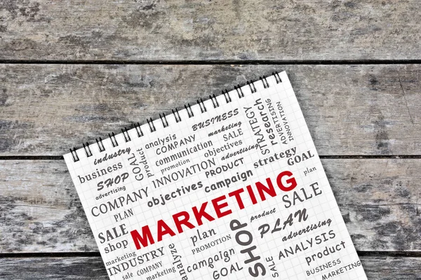 Palavra Marketing Página Caderno — Fotografia de Stock