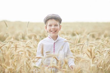 Gündüz sırasında buğday alanında Genç beyaz çocuk
