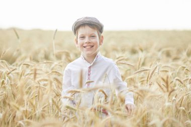 Gündüz sırasında buğday alanında Genç beyaz çocuk