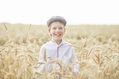 Gündüz sırasında buğday alanında Genç beyaz çocuk