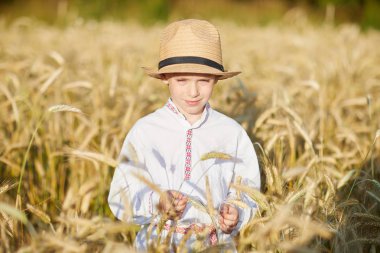 Gündüz sırasında buğday alanında Genç beyaz çocuk