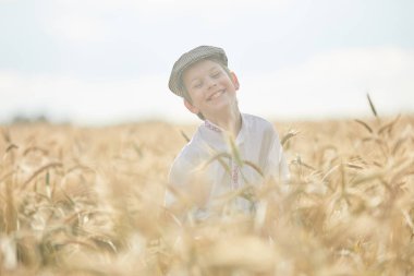 Gündüz sırasında buğday alanında Genç beyaz çocuk