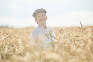 Gündüz sırasında buğday alanında Genç beyaz çocuk