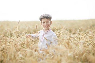 Gündüz sırasında buğday alanında Genç beyaz çocuk