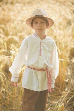 Gündüz sırasında buğday alanında Genç beyaz çocuk