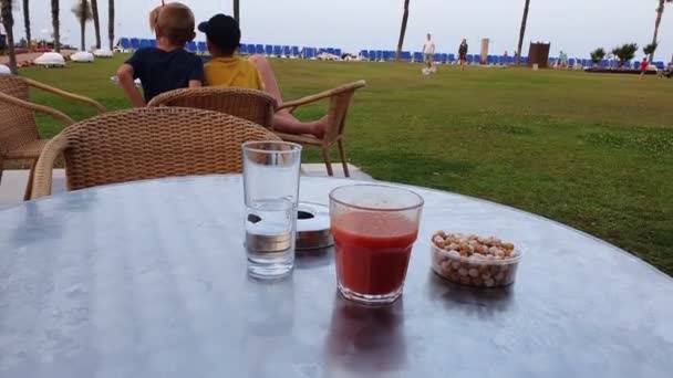 El jugo de tomate y los aperitivos están sobre la mesa contra el césped verde — Vídeos de Stock