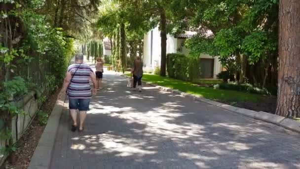Los turistas caminan por la calle bajo las sombras de los árboles tropicales. — Vídeos de Stock