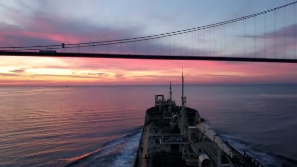 Bulk carrier sails near huge bridge with driving cars — Stock Video